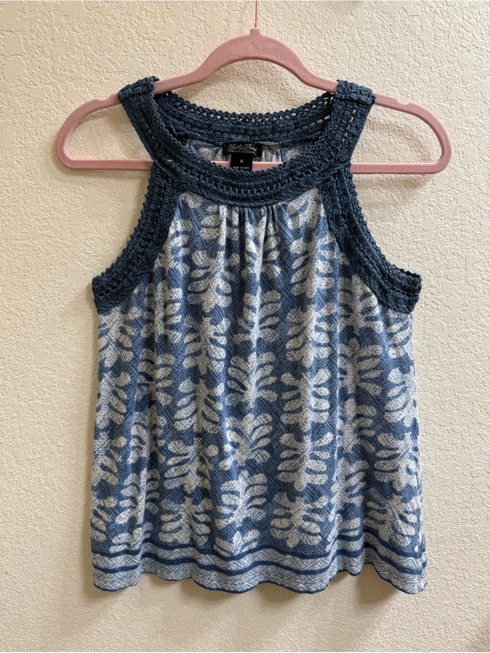 Lucky Brand Blue and White Crochet-Neck Tank